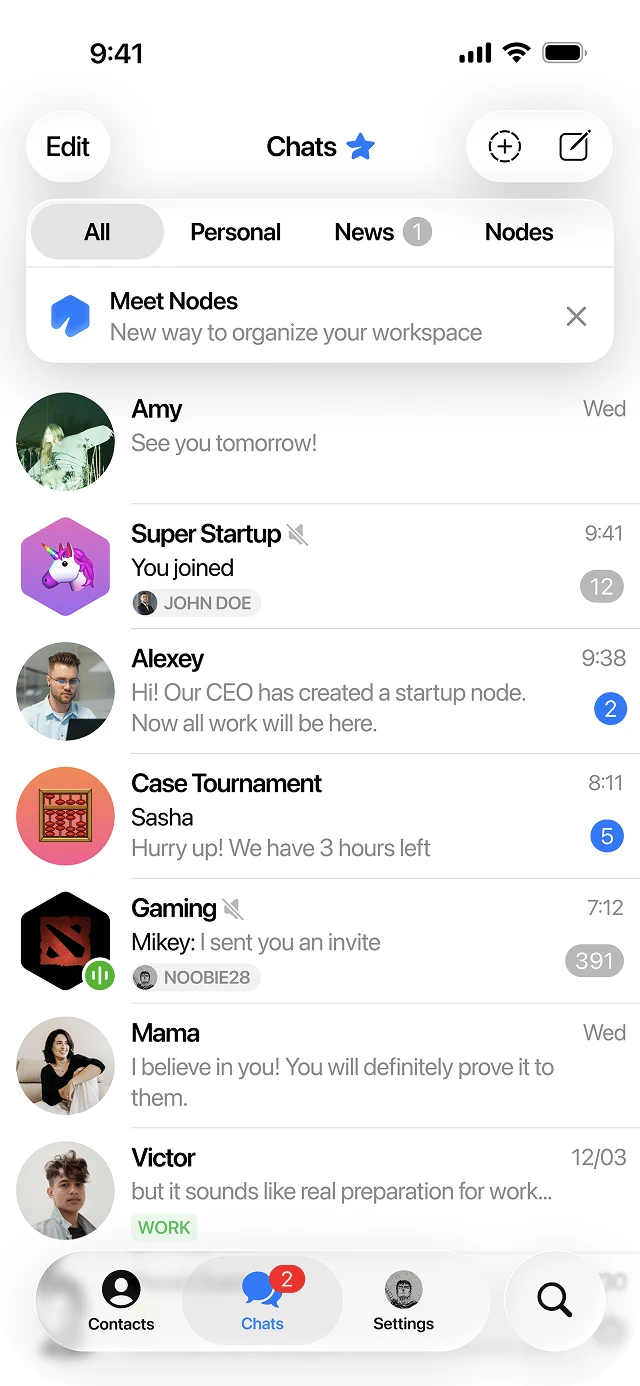 Нода в общем списке чатов Telegram